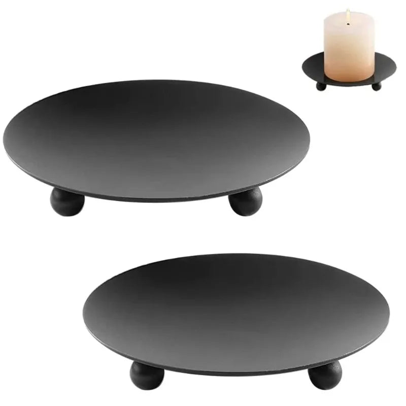1Pc Black Iron Plate Candle Holder Decorative Iron Pillar Candle Plate Pedestal Candle Stand for Wax Candles