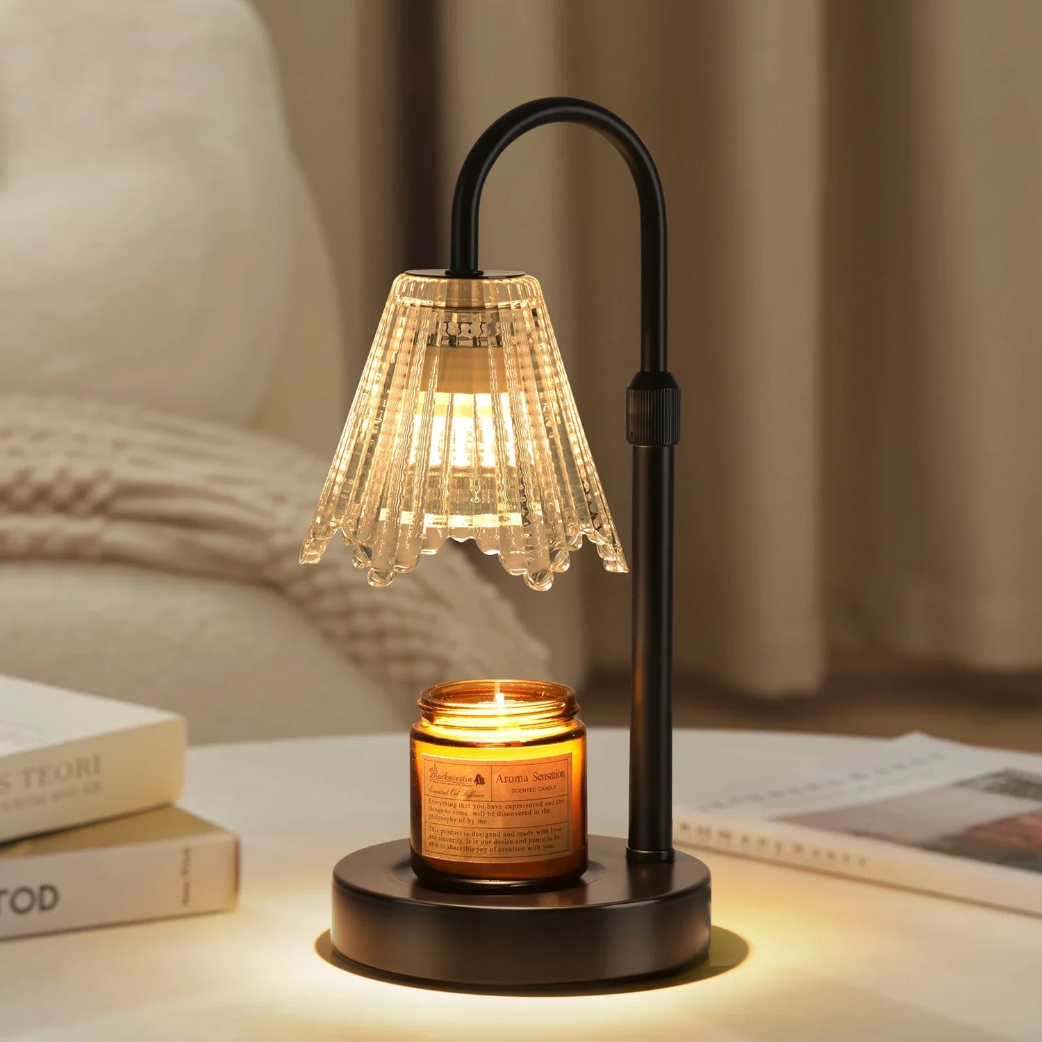 Candle Warmer Lamp, Black Metal, Crystal Glass Lampshade, Electric Candle Melter, Adjustable Gooseneck Tube, Smokeless Safety Design