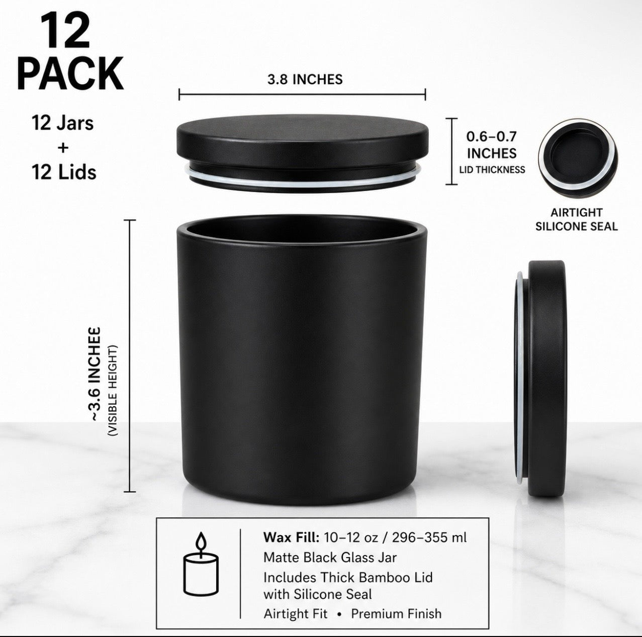 DarlineLuv 14 oz Matte Black & White Candle Jar with Bamboo Lid | Premium Glass Candle Vessel for Candle Making